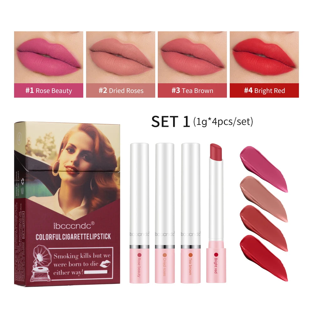 4 pcs/set Cigarette Lipstick Set Long Lasting Lip Glaze Matte Lip Gloss Waterproof Lip Stick Tube Nude Lip Tint Makeup Cosmetics - She Vibess By C2P