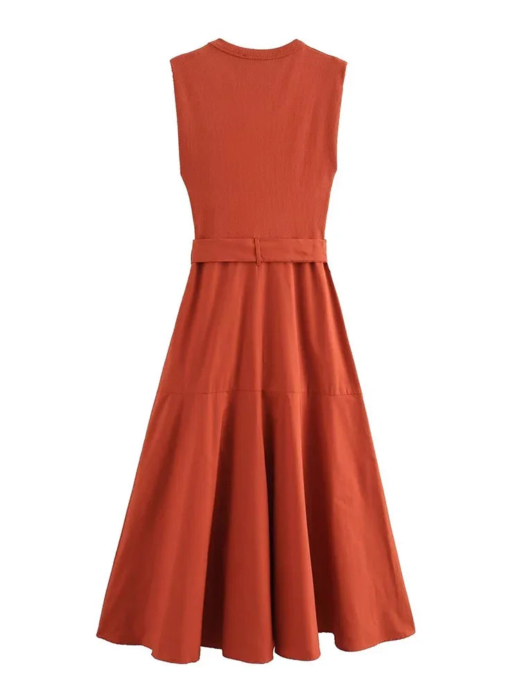 BWQ New Women Solid Patchwork Dress With Belt Elegant Office Ladies Sleeveless O-neck Dress Vintage Causal A-line Long Dress - She Vibess By C2P