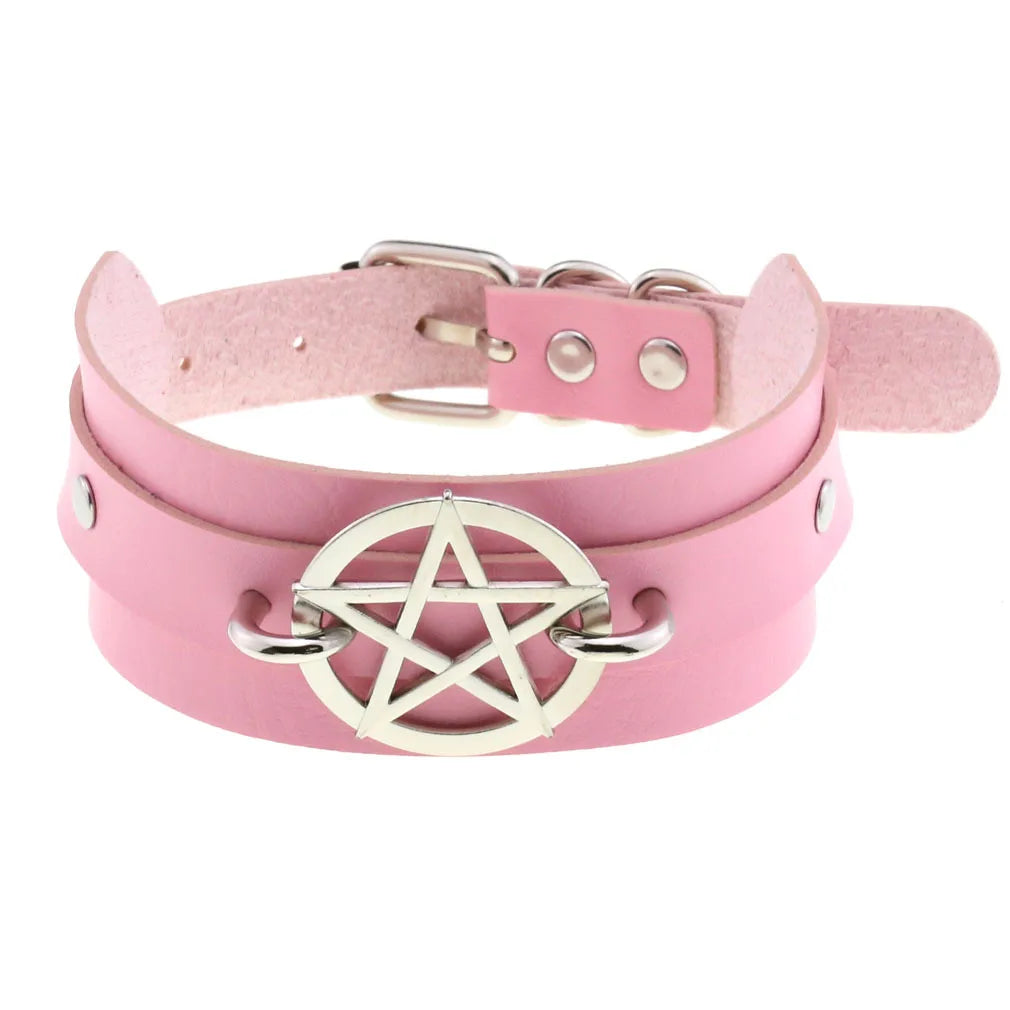 DIEZI Harajuku Pink PU Leather Star Heart Flower Choker Necklace Torques For Women Men Gothic Pink PU Leather -I’m Over 21 - She Vibess By C2P