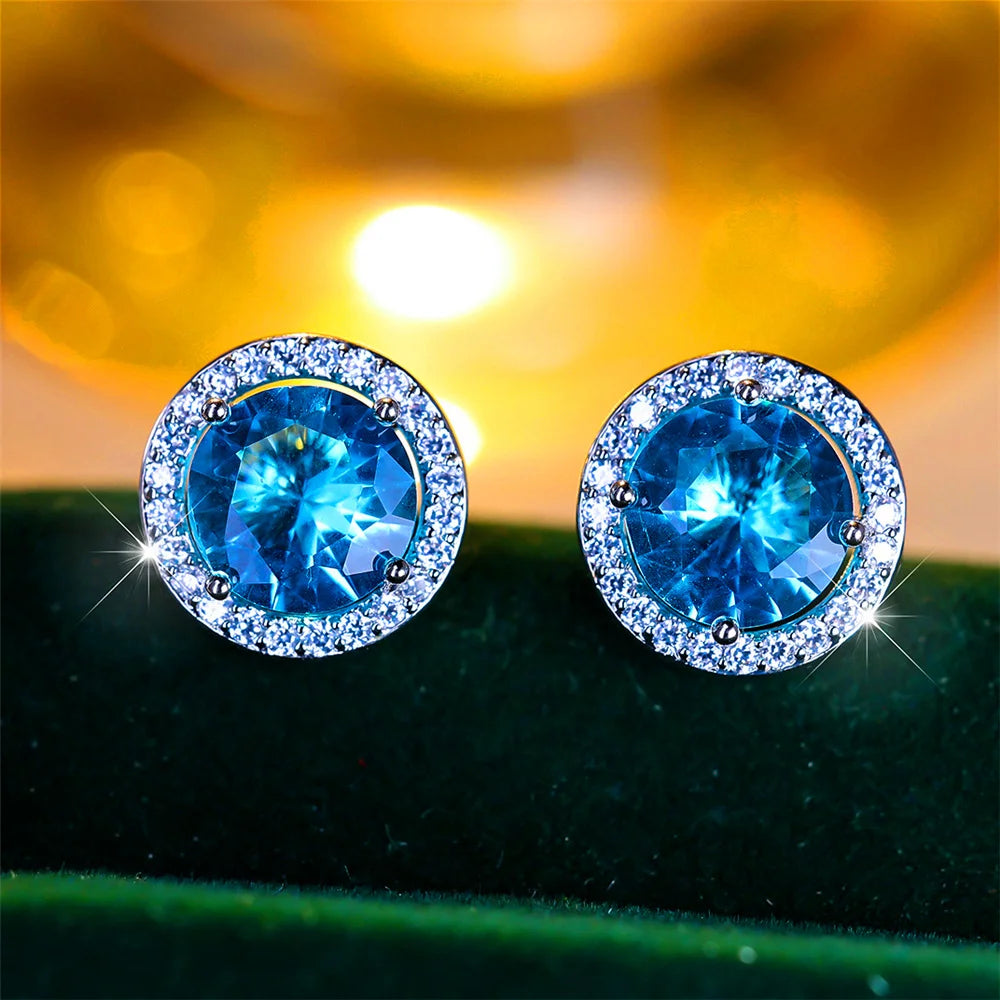 Luxury Female Crystal Purple Blue Green Round Stud Earrings Silver Color Wedding Jewelry For Women - She Vibess By C2P