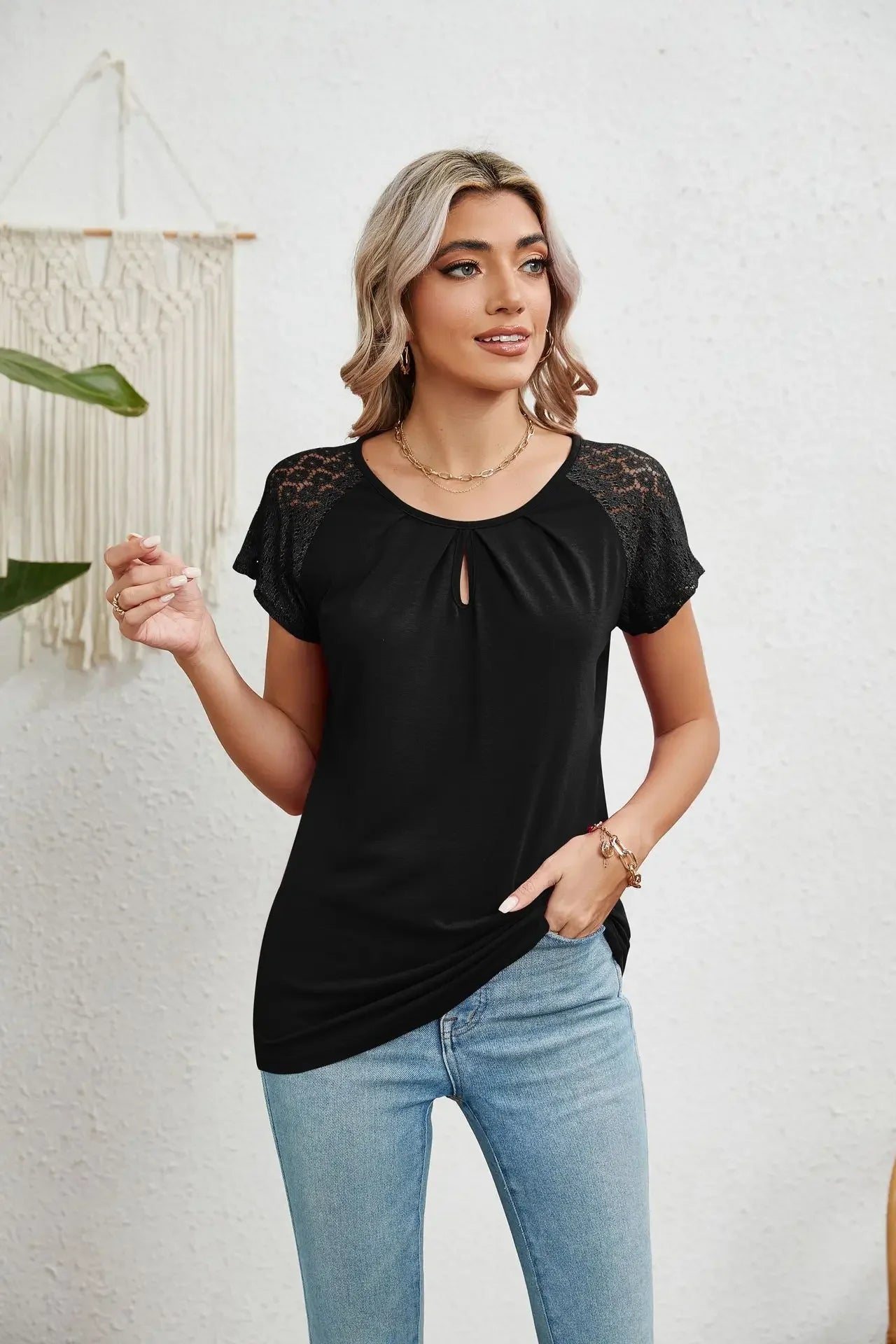 2025 New Women Summer Top Solid Round Neck Lace Patchwork Short Sleeved T-shirt Top Casual Tops Unique Tees Women's Clothing - She Vibess By C2P