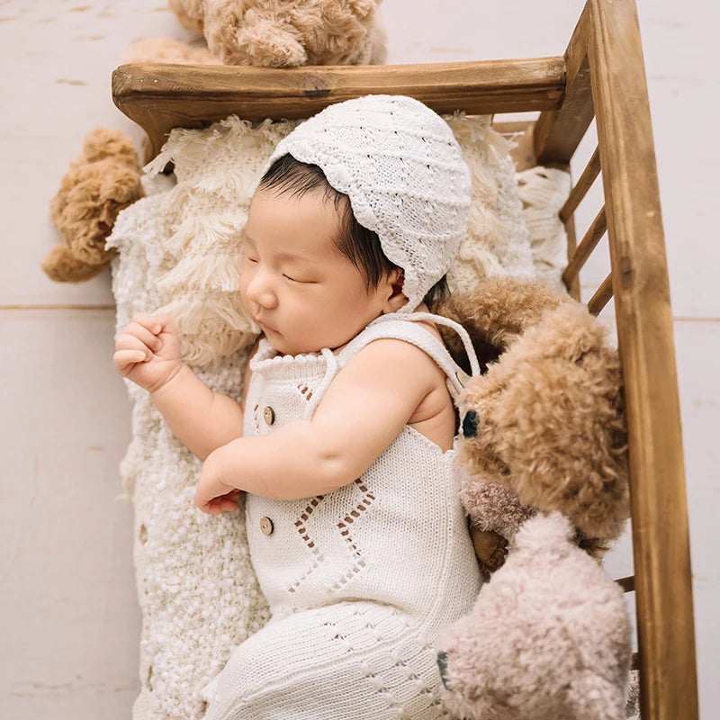 Baby Photography Knitted Clothing Cute Bear Dolls Baby Tassel Pillow Blanket Photo Props Newborn Photo Jumpsuit + Hat Costume - She Vibess By C2P