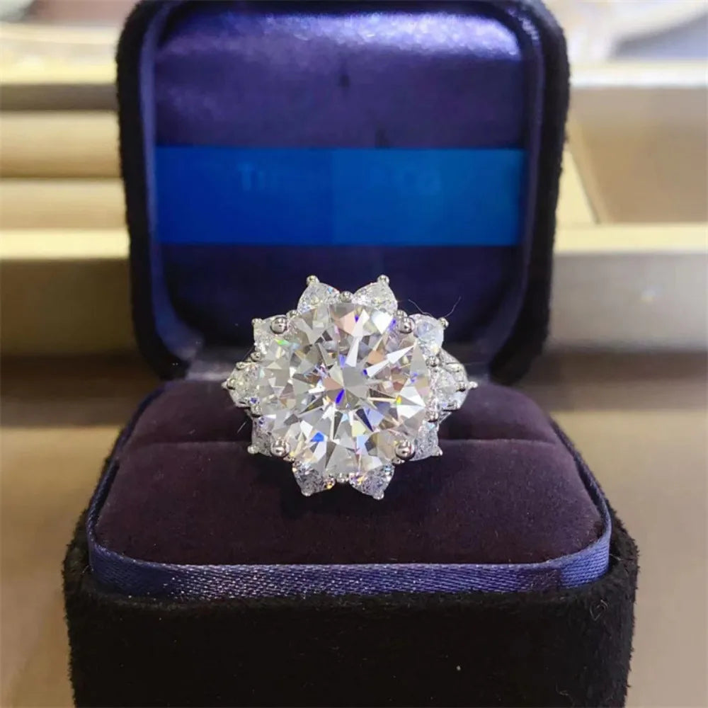 FEOBUR 10CT Moissanite Ring with Certificate for Women 100% 925 Sterling Silver Sunflower Diamond Rings Engagement Jewelry Wedding Band - She Vibess By C2P