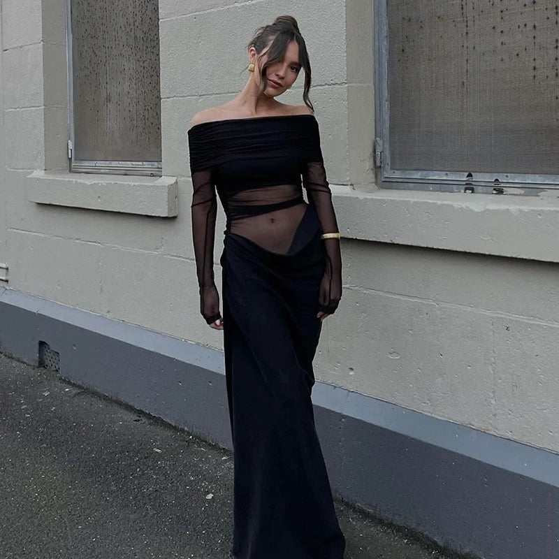 Y2k Summer New Solid Color Long Sleeve Off Shoulder Dresses Sexy Wrap Hip Mesh See Through Ruched Patchwork Long Dress 2024 New - She Vibess By C2P