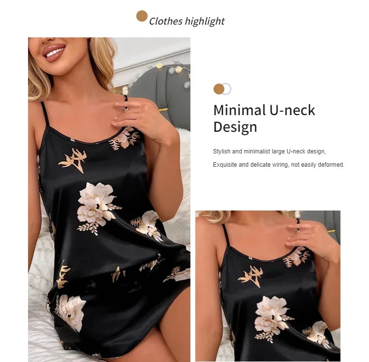 Women Nightwear Home Clothes Sexy Black Floral Printing Nightdress Sleepwear Nightshirts Silk Sleepshirts Nightgowns For Woman - She Vibess By C2P