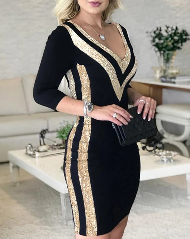 2023 Autumn Winter Spring New Fashion Casual Elegant Evening Party Dresses for Women Sexy Contrast Sequin V-Neck Bodycon Dress - She Vibess By C2P