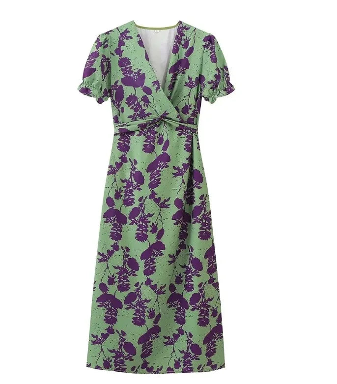 Summer Short Sleeve Print Long Dress Women Elegant Party Sexy Slim V Neck Green Dresses Elegantes Street Evening Vestidos - She Vibess By C2P