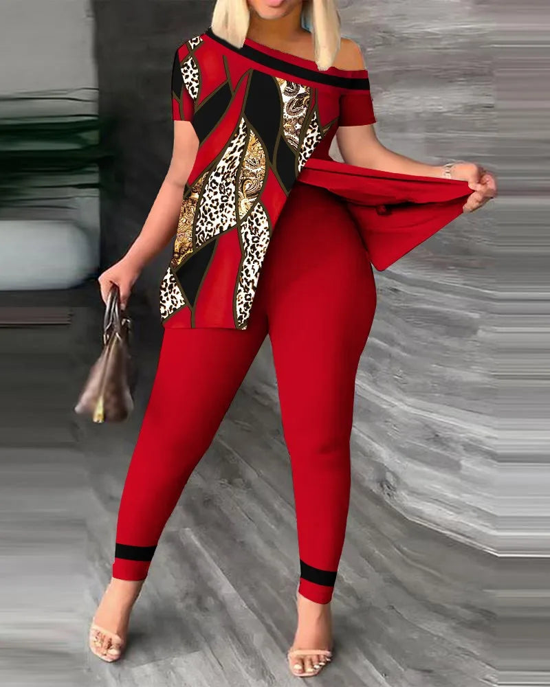 Elegant Women Two Piece Set Suits New Fashion Printed Ruffle Sleeve Top Solid Color Pants Set With Belt Blouses Female Clothing - She Vibess By C2P