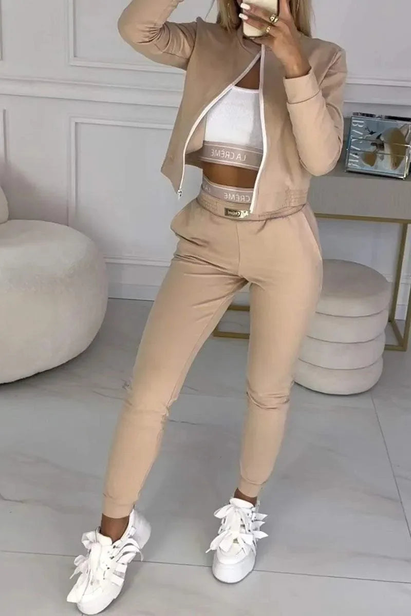 Sporty Casual Long Sleeve Zipper Solid Jacket 3 Pieces Set Women Autumn Workout Skinny Tank Tops Coat + Pants Matching Set Mujer - She Vibess By C2P