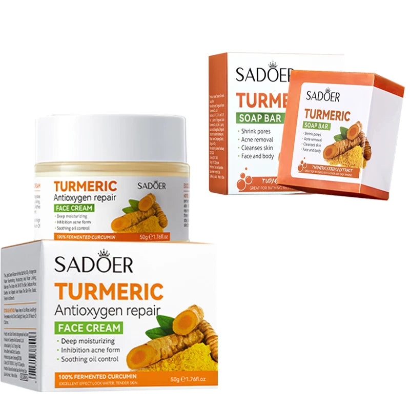 Natural Handmade Turmeric Soap Face Cream Serum Skin Care Set Clean Cutin Oil Control Removal Acne Whitening Remove Dark Spots - She Vibess By C2P