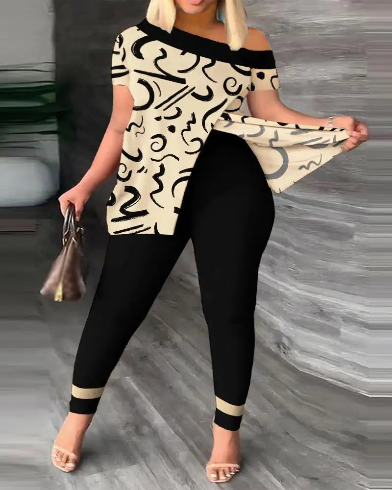 Elegant Women Two Piece Set Suits New Fashion Printed Ruffle Sleeve Top Solid Color Pants Set With Belt Blouses Female Clothing - She Vibess By C2P