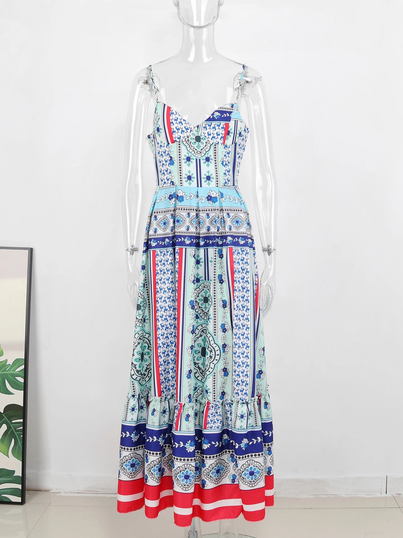 Summer Print Long Dress Women Clothing Lace Up Sling Party Dresses Pattern Strappy Ladies Hollow Out V-Neck Beach Vestidos - She Vibess By C2P