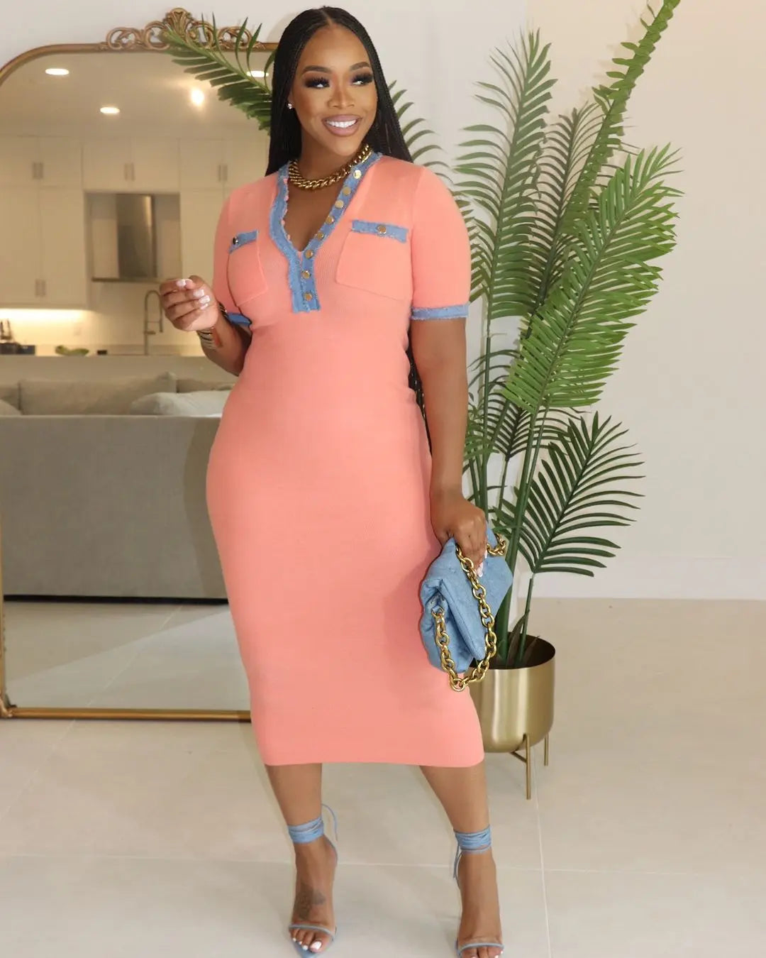 CM.YAYA Women Button Front Denim Splicing V-neck Short Sleeve Midi Dress 2024 Summer Sexy Club Street Party Dresses Vestidos - She Vibess By C2P
