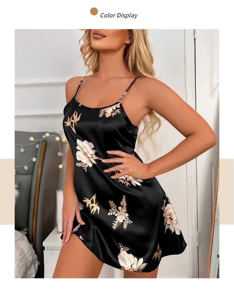 Women Nightwear Home Clothes Sexy Black Floral Printing Nightdress Sleepwear Nightshirts Silk Sleepshirts Nightgowns For Woman - She Vibess By C2P