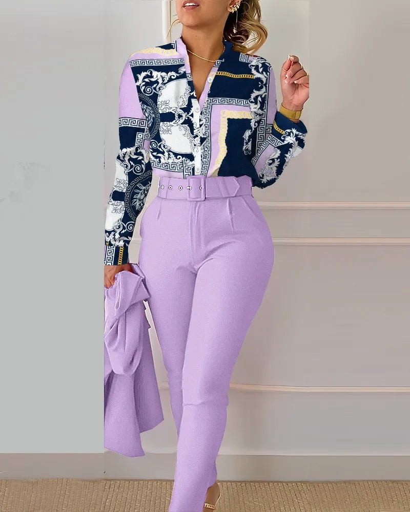 Autumn Winter Stand Neck Floral Print Long Sleeve Shirt Pants Two Piece Sets Elegant Women Casual Shirt Trousers Suits With Belt - She Vibess By C2P