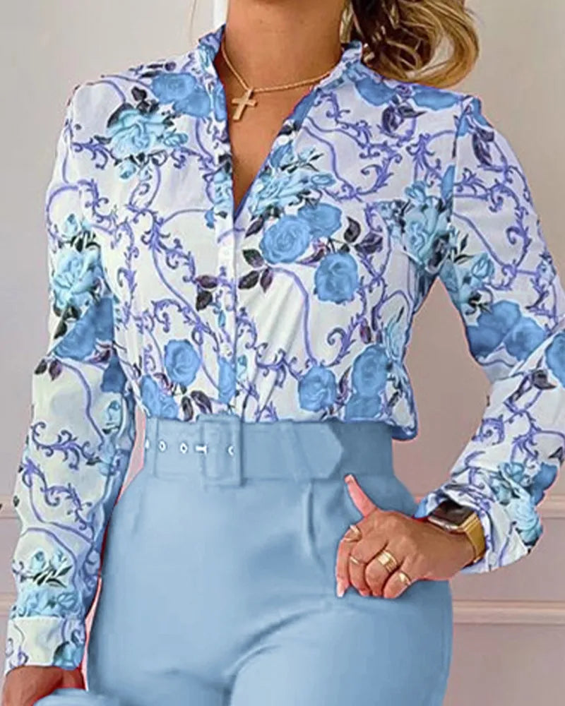 Autumn Winter Stand Neck Floral Print Long Sleeve Shirt Pants Two Piece Sets Elegant Women Casual Shirt Trousers Suits With Belt - She Vibess By C2P