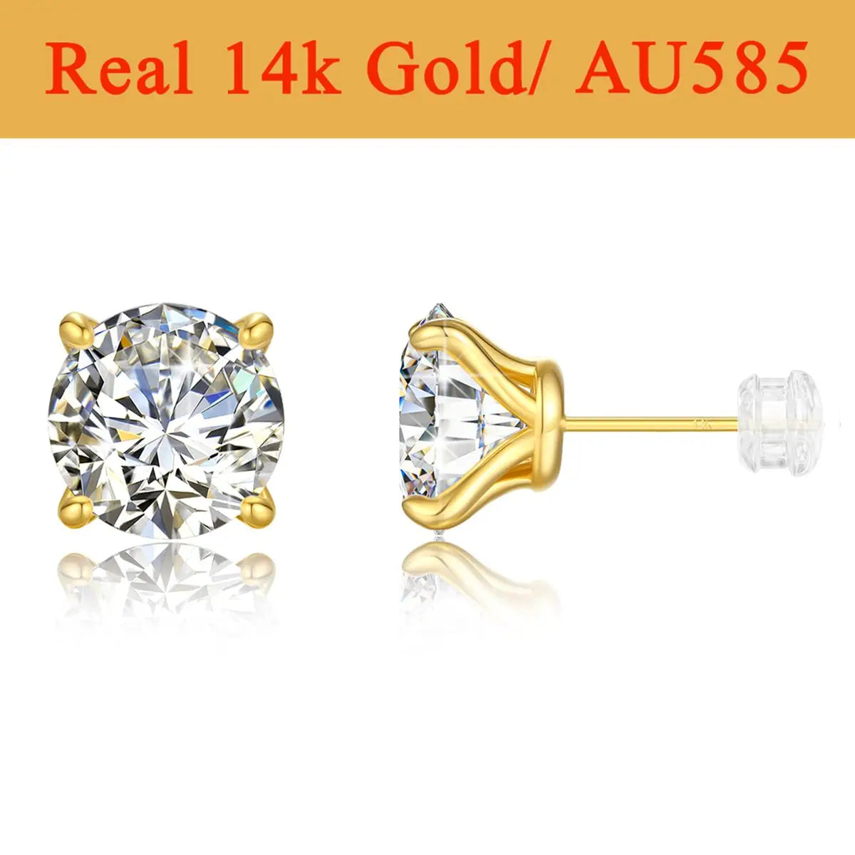 1pair 14K Gold Moissanite Stud Earrings for Women Simple Classical 4-Prong Lab Diamond Ear Stud Wedding Engagement Gift Jewelry - She Vibess By C2P
