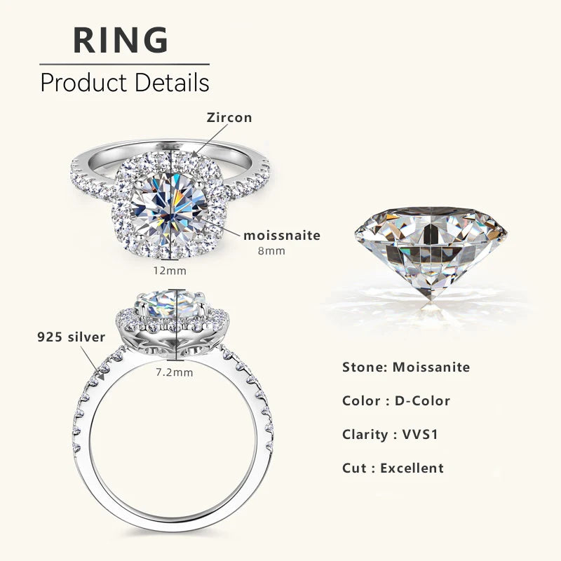 Lnngy 8mm 2ct Moissanite Halo Ring Certified 925 Sterling Silver Engagement Rings For Women Girls Wedding Party Jewelry Gift - She Vibess By C2P