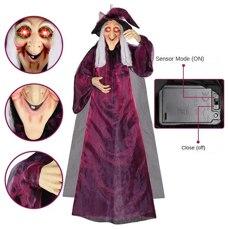 Halloween Hanging Witch Decor Skeleton with Sound Glowing Red Eyes Scary Talking Witch Halloween Decorations Haunted House Props - She Vibess By C2P