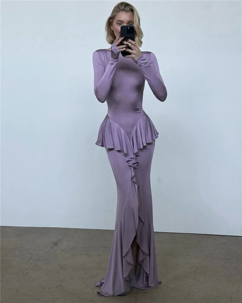 Mozision Backless Ruffled Sexy Maxi Dress For Women Gown Fashion O Neck Long Sleeve Thigh High Split Evening Long Dress Elegant - She Vibess By C2P