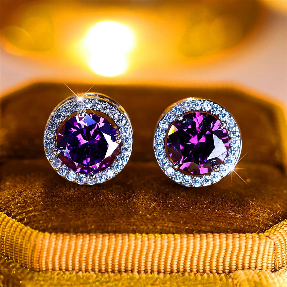 Luxury Female Crystal Purple Blue Green Round Stud Earrings Silver Color Wedding Jewelry For Women - She Vibess By C2P
