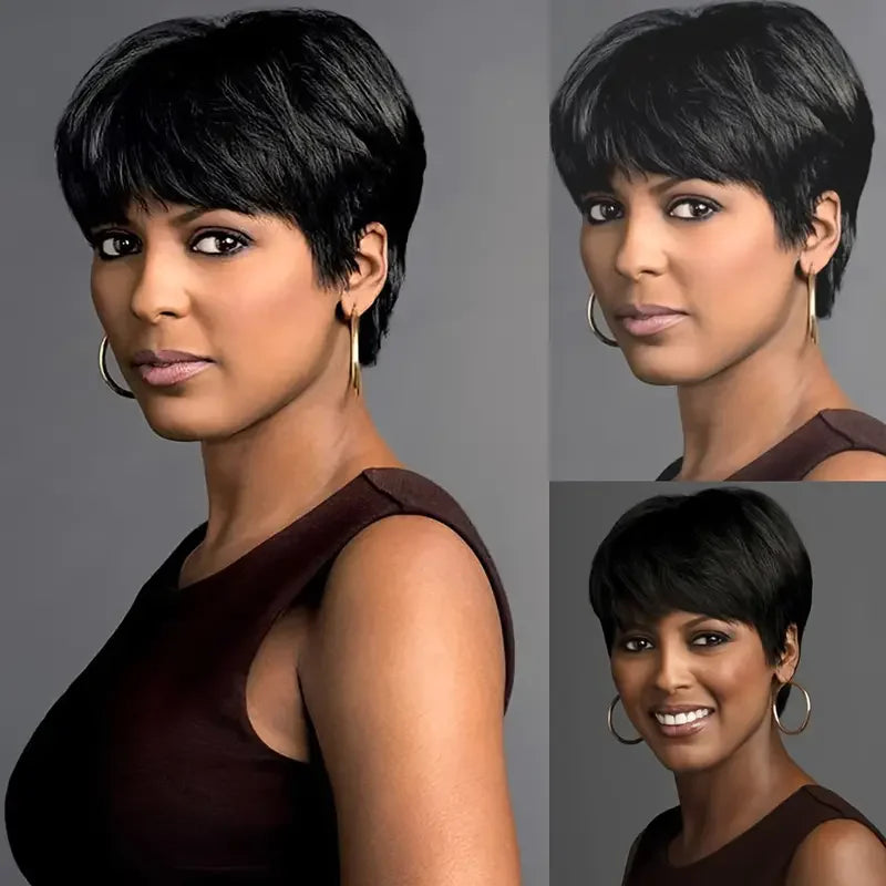 Short Pixie Cut Wig Human Hair For Women Machine Made Wigs With Bangs Brazilian Human Hair Wigs Cheap Pixie Cut WigsOn Sale - She Vibess By C2P