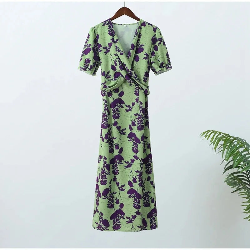 Summer Short Sleeve Print Long Dress Women Elegant Party Sexy Slim V Neck Green Dresses Elegantes Street Evening Vestidos - She Vibess By C2P