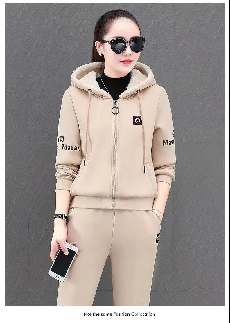 Fashionable Thickened Fleece Set Women's Loose Casual Outfit Hoodie with Pocket Two-Piece Autumn Winter Style Streetwear - She Vibess By C2P