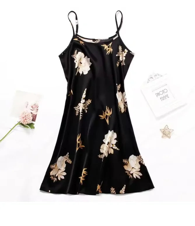 Women Nightwear Home Clothes Sexy Black Floral Printing Nightdress Sleepwear Nightshirts Silk Sleepshirts Nightgowns For Woman - She Vibess By C2P