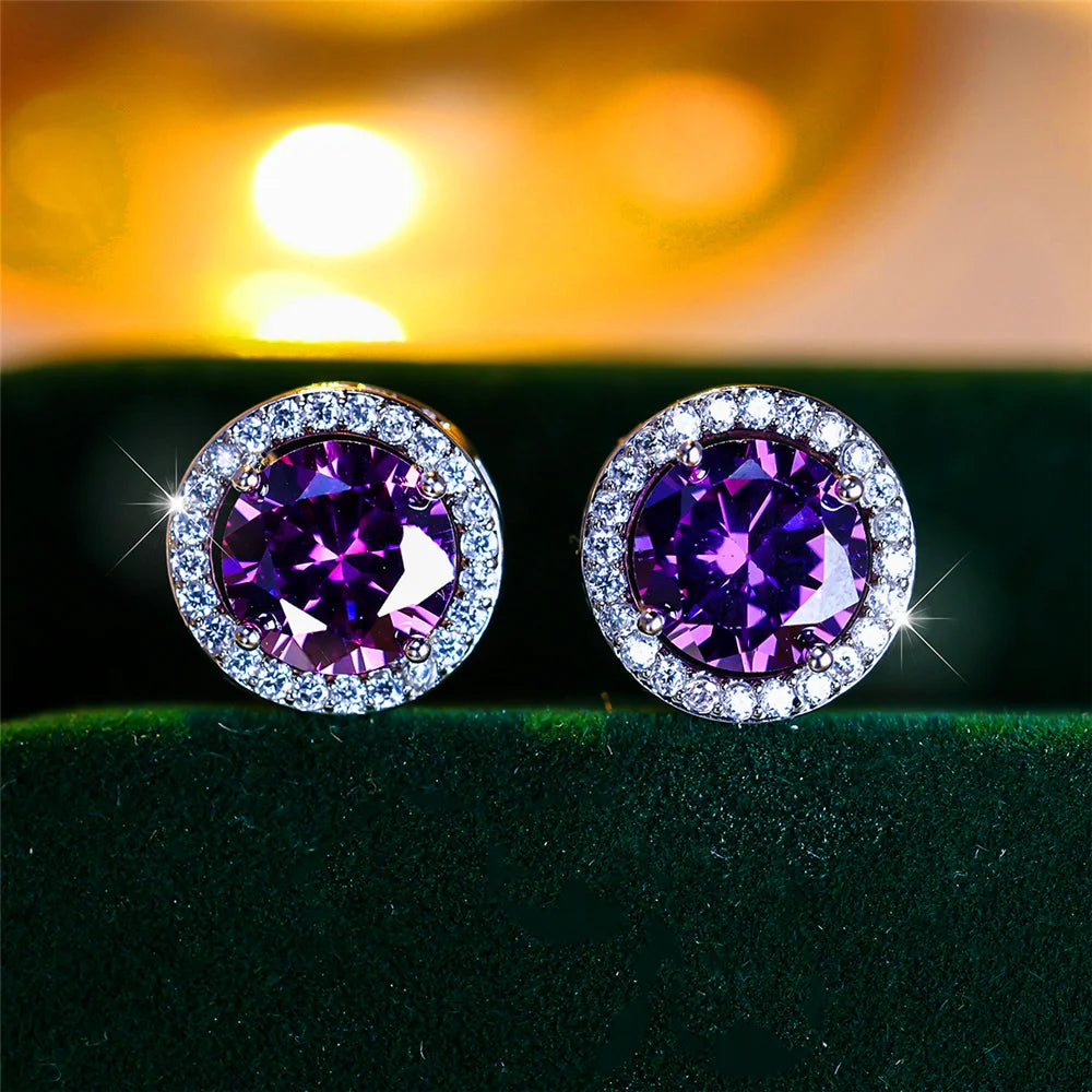 Luxury Female Crystal Purple Blue Green Round Stud Earrings Silver Color Wedding Jewelry For Women - She Vibess By C2P