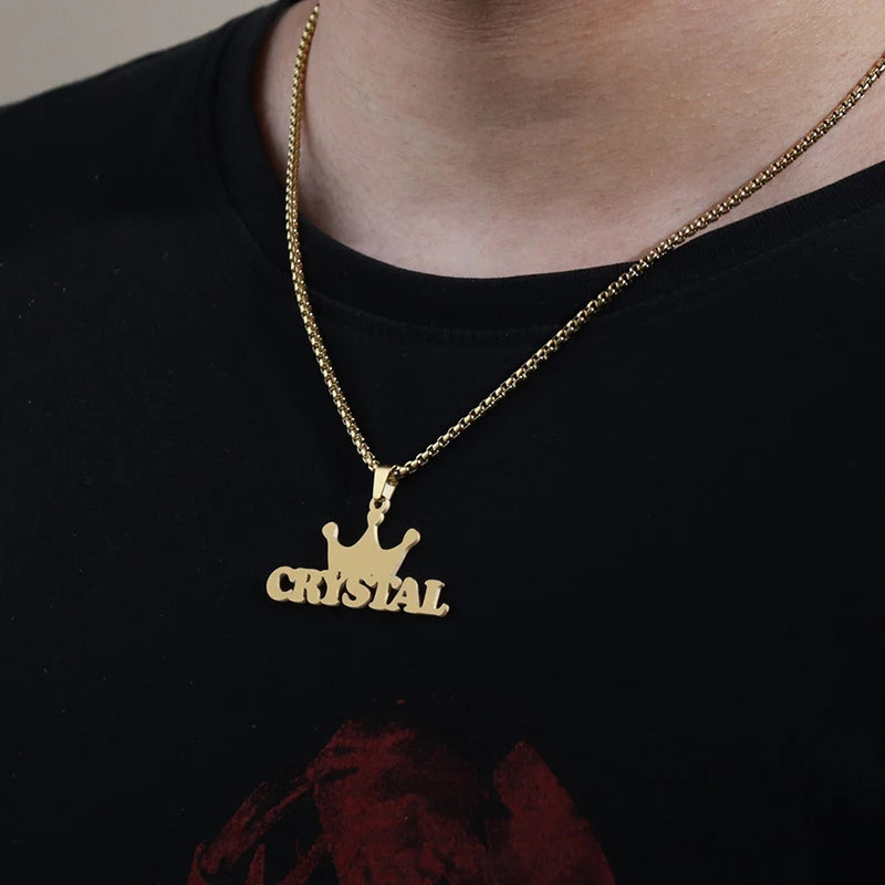 Goxijite Customized Name Pendant For Men Women Stainless Steel Personalized Big Crown Letter Necklace Thick Chain Jewelry Gift - She Vibess By C2P