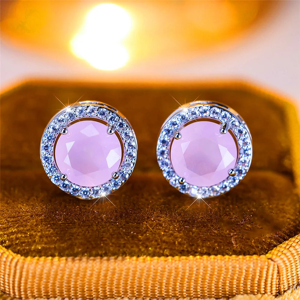 Luxury Female Crystal Purple Blue Green Round Stud Earrings Silver Color Wedding Jewelry For Women - She Vibess By C2P