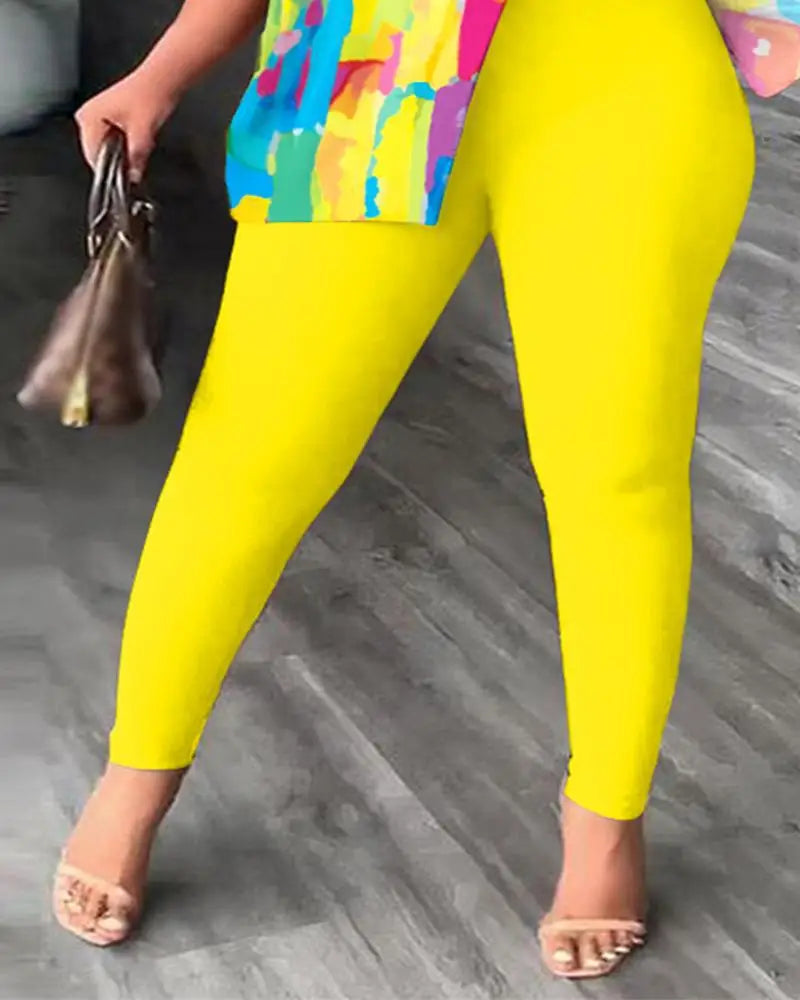 Elegant Women Two Piece Set Suits New Fashion Printed Ruffle Sleeve Top Solid Color Pants Set With Belt Blouses Female Clothing - She Vibess By C2P