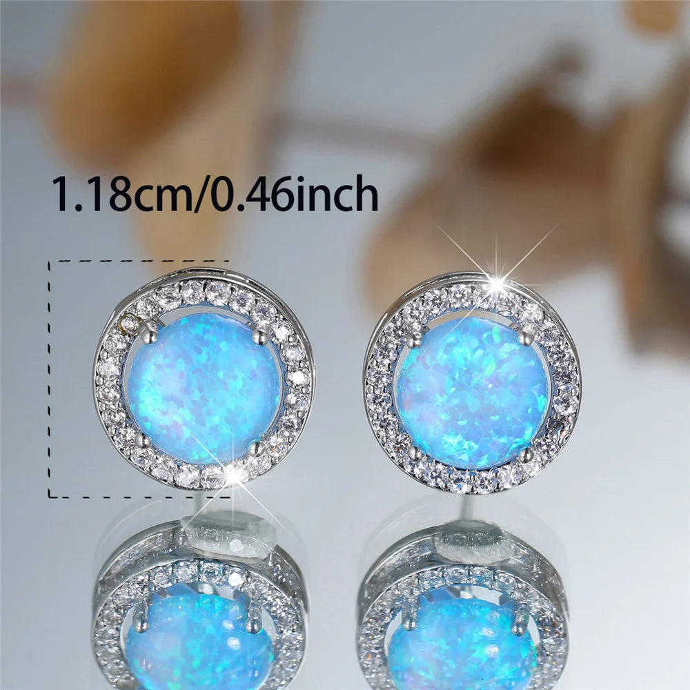 Cute Female Crystal White Blue Opal Round Stone Stud Earrings Silver Color Wedding Jewelry For Women - She Vibess By C2P
