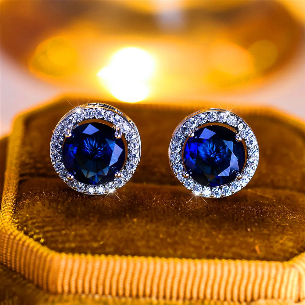 Luxury Female Crystal Purple Blue Green Round Stud Earrings Silver Color Wedding Jewelry For Women - She Vibess By C2P