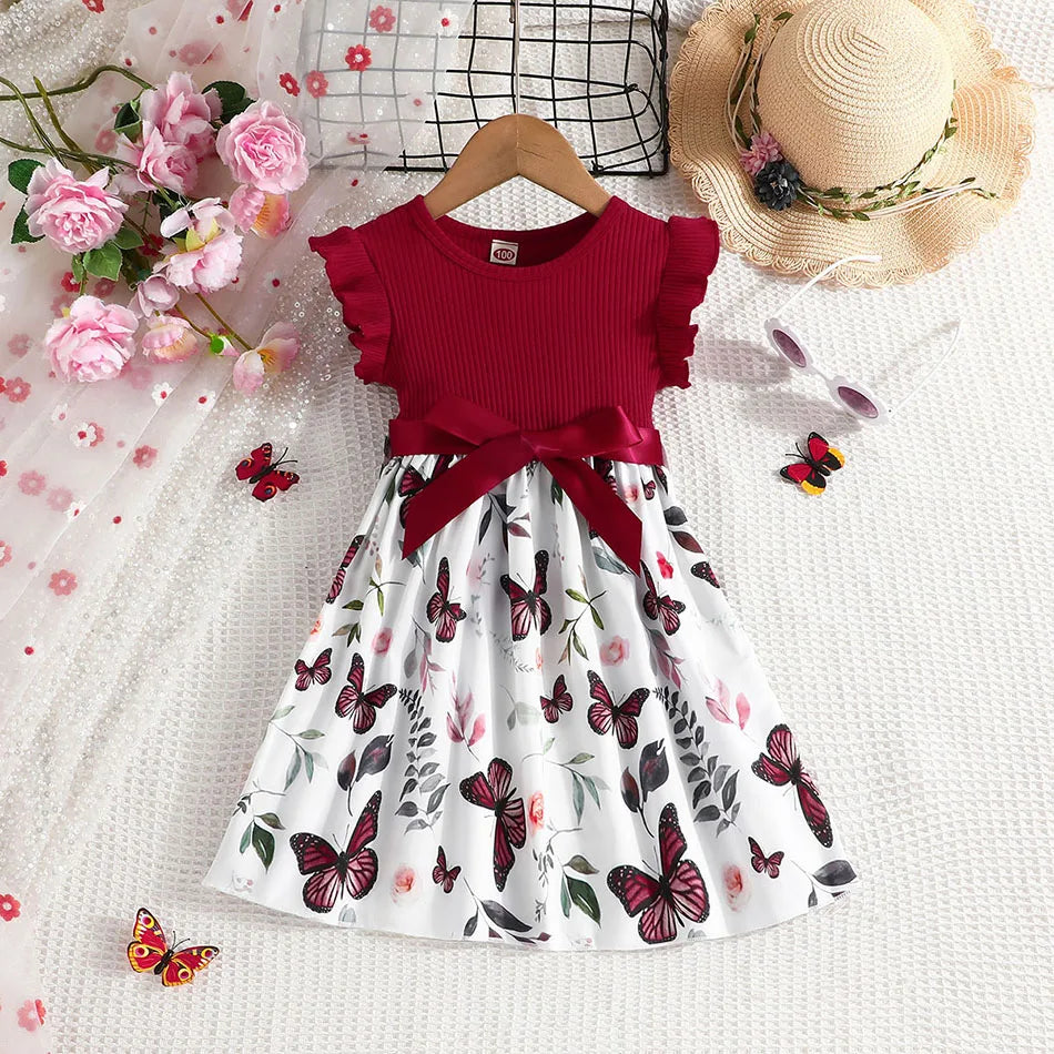 Cute and Comfortable Girls Summer Dress with Butterfly Print and Pitted Stripes Wear Special Occasions Girls Casual Dresses - She Vibess By C2P
