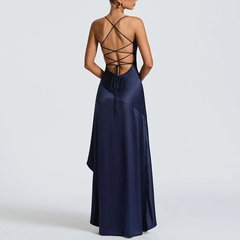 Sexy Slash Neck Slim Ruffle Banquet Dress Women Spring Backless Lace-up Long Irregular Dress Summer Sleeveless Hollow Maxi Dress - She Vibess By C2P