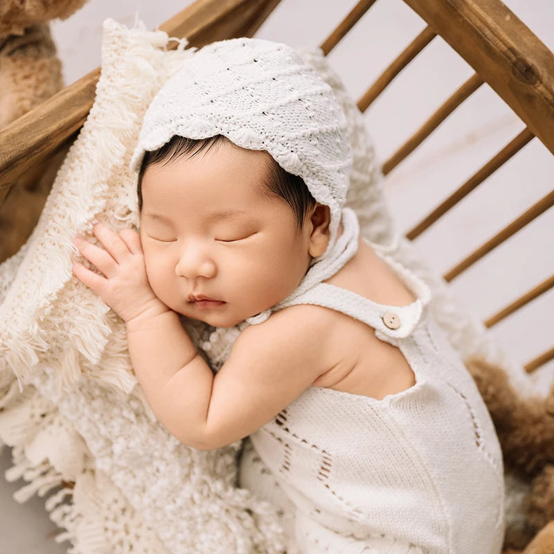 Baby Photography Knitted Clothing Cute Bear Dolls Baby Tassel Pillow Blanket Photo Props Newborn Photo Jumpsuit + Hat Costume - She Vibess By C2P