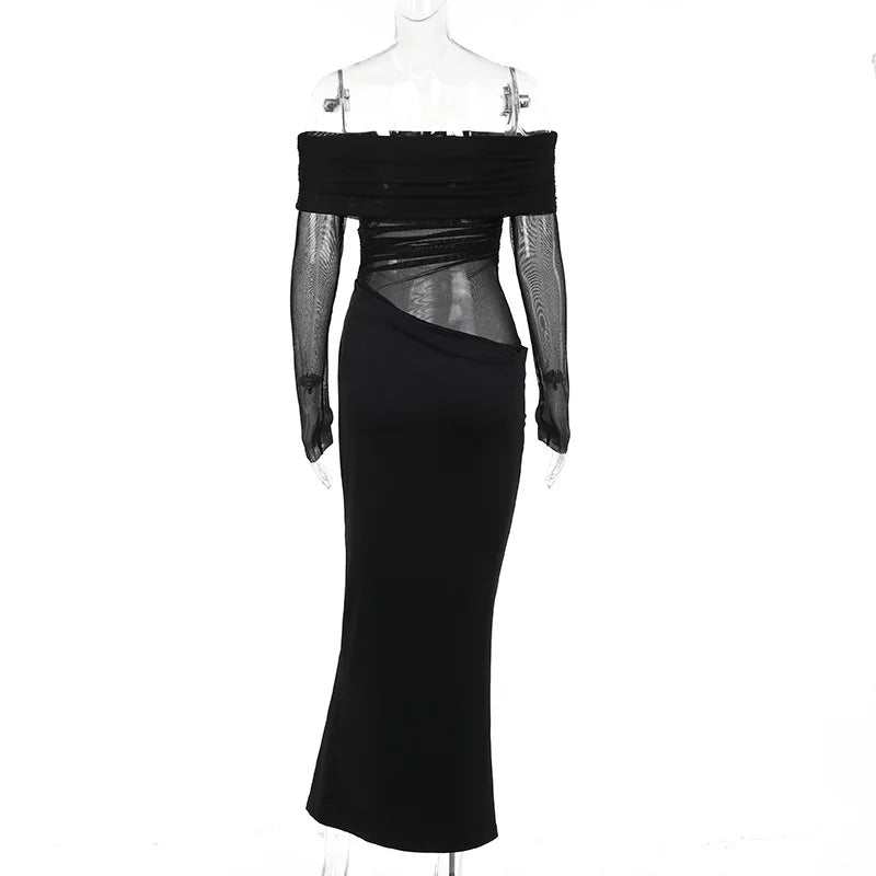 Y2k Summer New Solid Color Long Sleeve Off Shoulder Dresses Sexy Wrap Hip Mesh See Through Ruched Patchwork Long Dress 2024 New - She Vibess By C2P