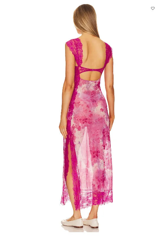Summer New Lace Backless Shoulder Strap Splicing Slit Pattern Long Dress Women's Clothing - She Vibess By C2P
