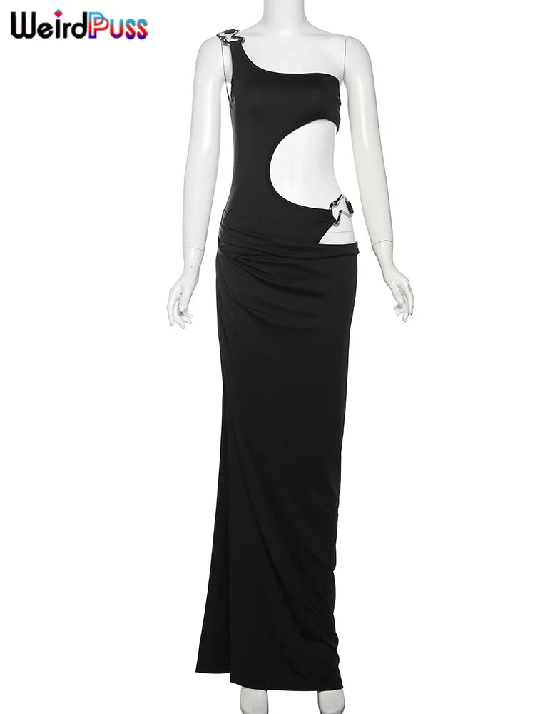 Weird Puss Metal Buckle Dress Women Irregular Hollow Split One Shoulder Skinny Ruched Waistless Midnight Clubwear Maxi Bodycon - She Vibess By C2P