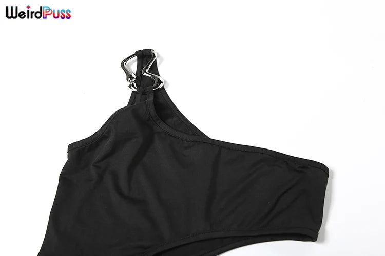 Weird Puss Metal Buckle Dress Women Irregular Hollow Split One Shoulder Skinny Ruched Waistless Midnight Clubwear Maxi Bodycon - She Vibess By C2P