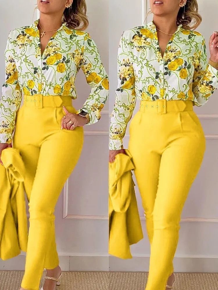 Autumn Winter Stand Neck Floral Print Long Sleeve Shirt Pants Two Piece Sets Elegant Women Casual Shirt Trousers Suits With Belt - She Vibess By C2P