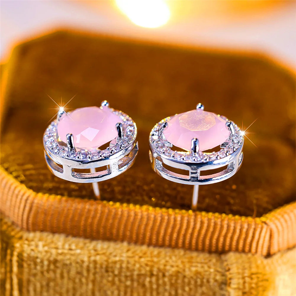 Luxury Female Crystal Purple Blue Green Round Stud Earrings Silver Color Wedding Jewelry For Women - She Vibess By C2P
