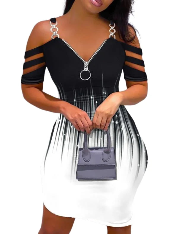 New Fashion 2025 Summer Casual Sexy Colorblock Cold Shoulder Bodycon Skinny Mini Dress Elegant Dresses for Women - She Vibess By C2P