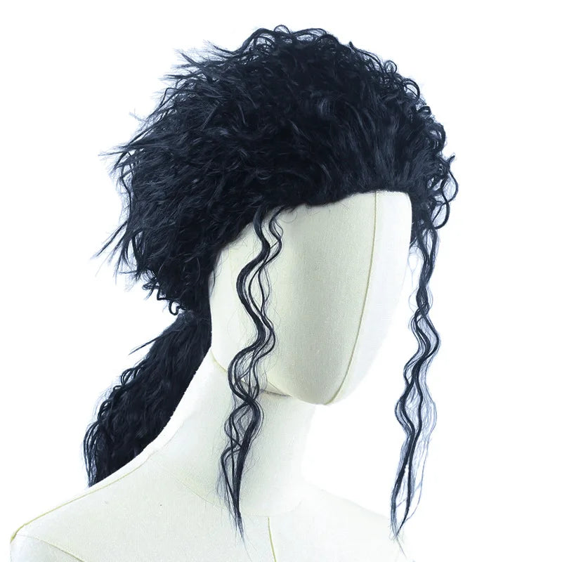 MJ Michael Cosplay Black Wig Jackson Michael Role Play Medium Long Curly Black Hair Pigtail Wig Halloween Cos Wigs + wig cap - She Vibess By C2P