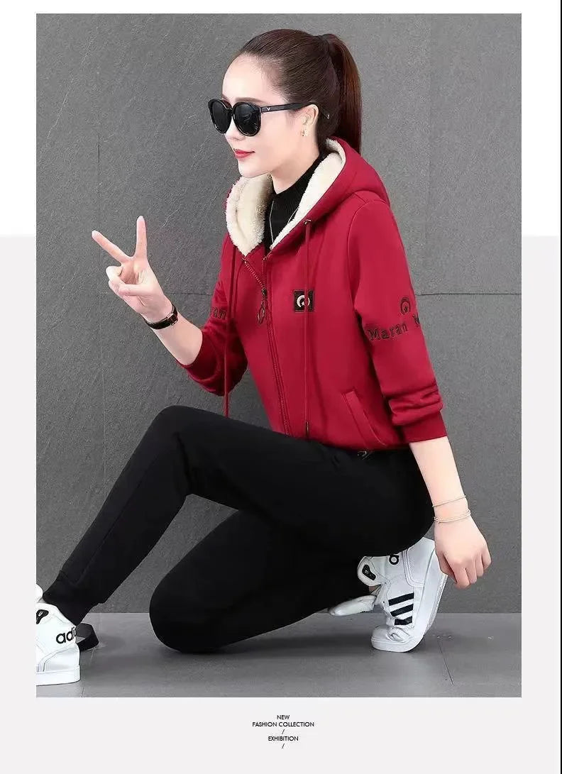 Fashionable Thickened Fleece Set Women's Loose Casual Outfit Hoodie with Pocket Two-Piece Autumn Winter Style Streetwear - She Vibess By C2P