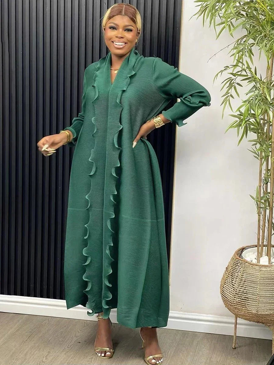 EGRM Miyake Pleated Maxi Long Dress Solid Ruffles Full Sleeve with Belt Formal Dresses for Women 2024 Summer New Hot Sales 8R295 - She Vibess By C2P