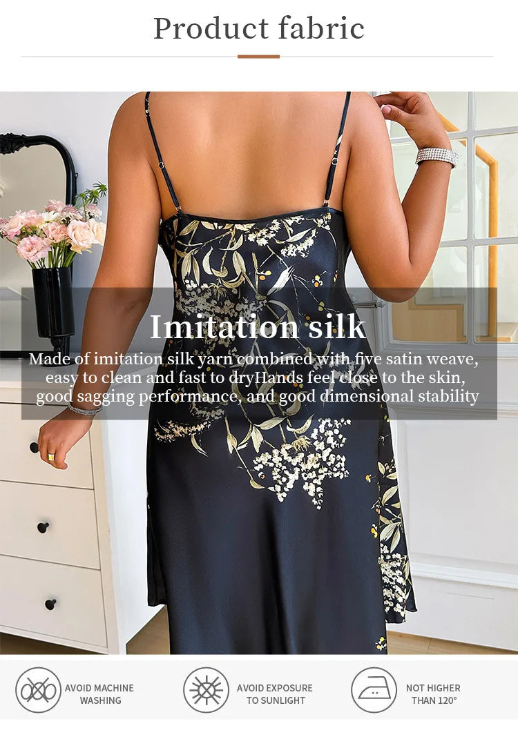 Large Size 5XL Women Suspender Nightgown Home Dress Sexy Print Flower Nightdress Intimate Lingerie Loose Casual Satin Loungewear - She Vibess By C2P