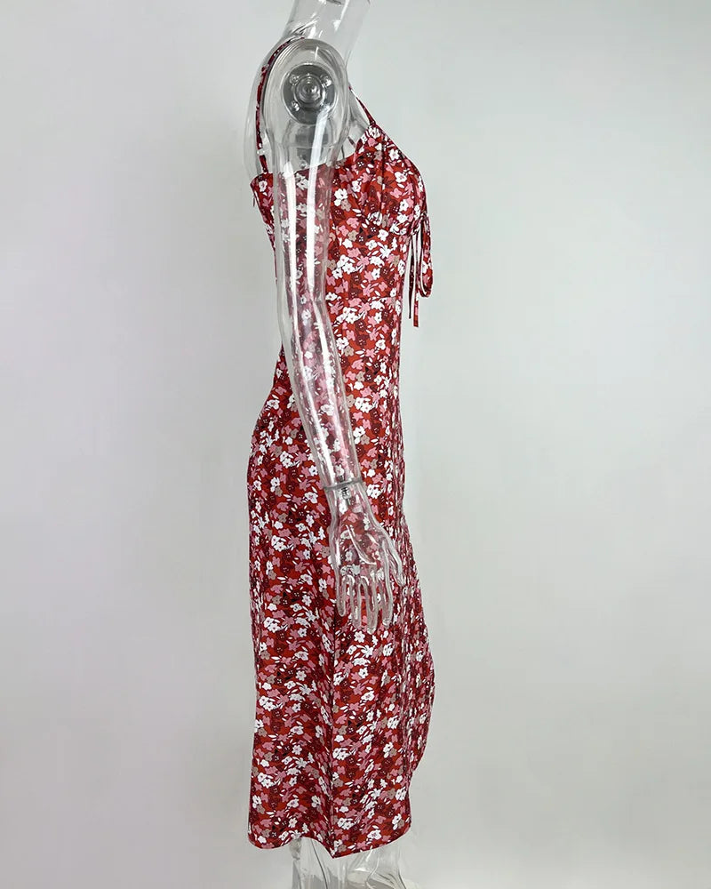 Flower Printed Spaghetti Strap Dresses For Women Sexy Low Cut Beach Party Slim Slit Dress Chic Bodycon Lady Sleeveless Vestidos - She Vibess By C2P